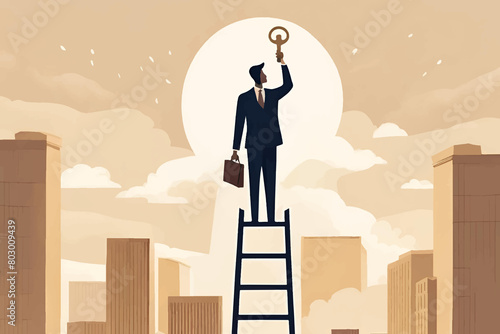 illustration of a businessman standing at the top of a ladder while raising the golden key to success to the sky