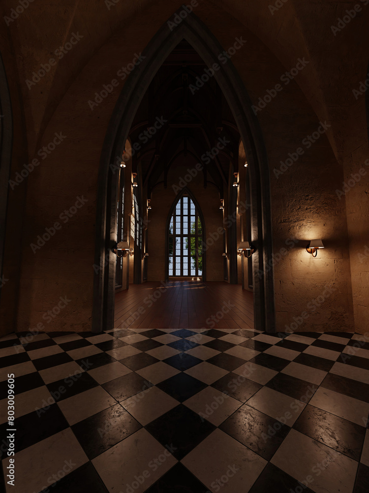 Obraz premium 3D rendered interior from a classic villa with big windows 