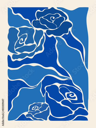 Trendy  vintage print roses leaves abstract shapes. Modern aesthetic contemporary illustration for prints, 70s bohemian style.