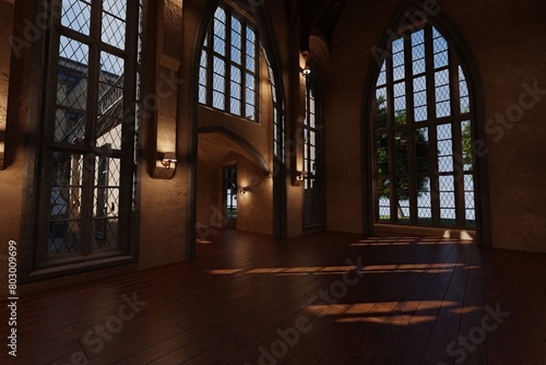 3D rendered interior from a classic villa with big windows 