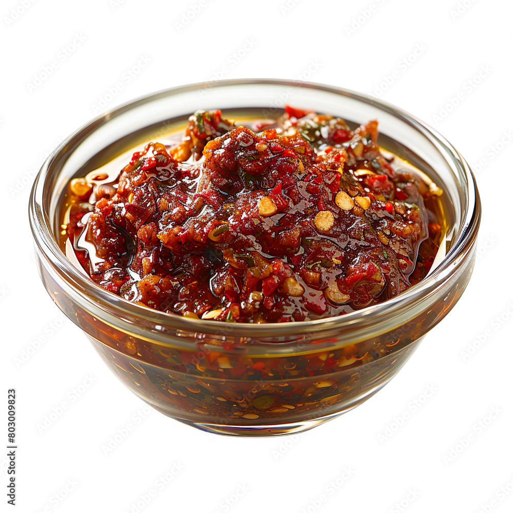 Extreme front view of full Chili Paste in a small glass bowl isolated on a white transparent background Extreme front view of full Chili Paste in a small glass bowl isolated on a white transparent background