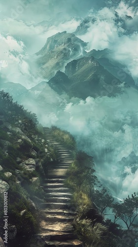 Mystical mountain path enveloped in mist
