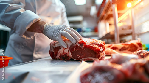 Expert butcher trims beef in a professional kitchen photo