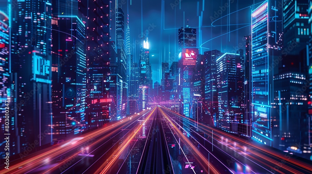 Futuristic city at night with light trails. abstract background.