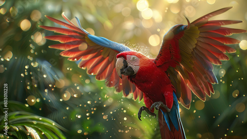 Scarlet macaw in flight with bokeh background.