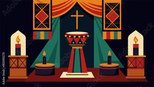 A candlelit altar adorned with symbolic African fabrics and traditional drums serves as a focal point for reflection and prayer in this historic. Vector illustration