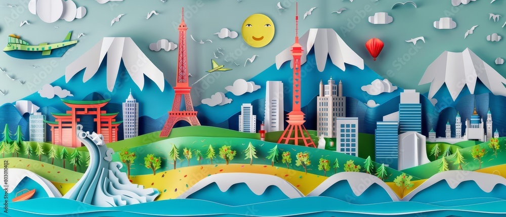 A paper cut out illustration of a beach with a city in the background