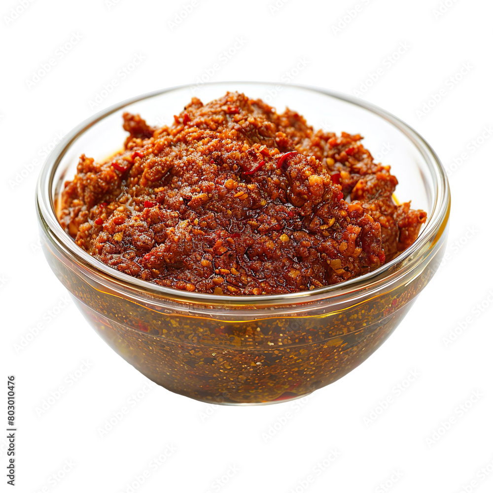 Extreme front view of full Harissa in a small glass bowl isolated on a white transparent background Extreme front view of full Harissa in a small glass bowl isolated on a white transparent background