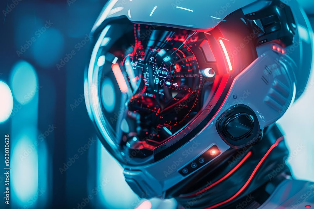 An astronaut wearing a futuristic helmet with a red visor and blue lights An astronaut wearing a futuristic helmet with a red visor and blue lights