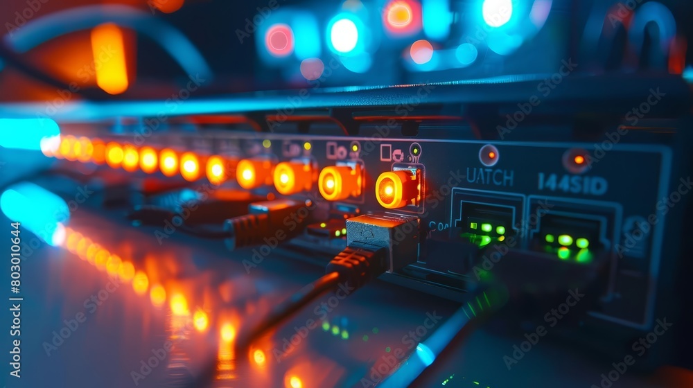 A close up of a network switch with cables plugged in. A close up of a network switch with cables plugged in.