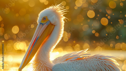 Close-up of a pelican at sunset