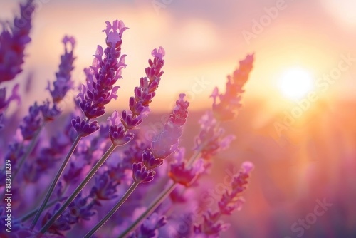 Tranquil sunset setting over a picturesque french lavender flowers field with golden light