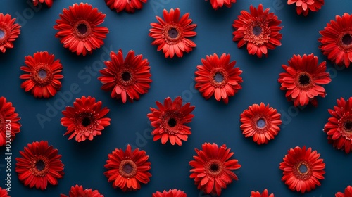 Vivid red Gerbera daisies arranged in a repetitive pattern on a dark blue background  illustrating symmetry and contrast.