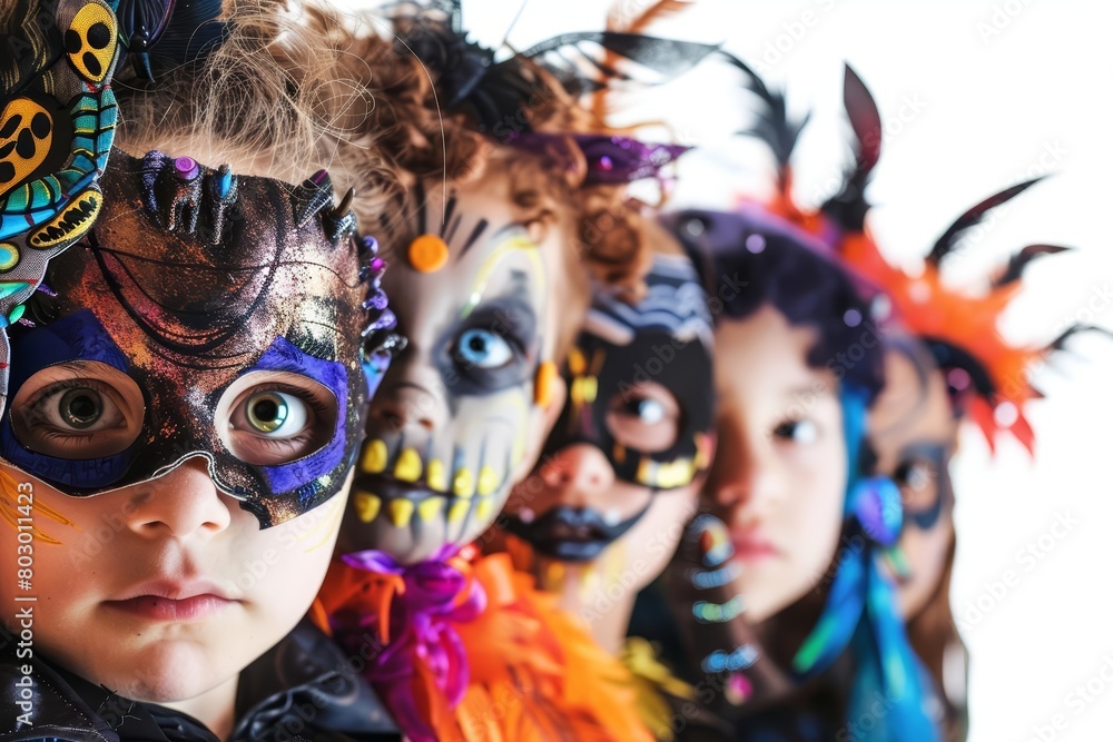 A group of children wearing colorful and elaborate costumes and masks