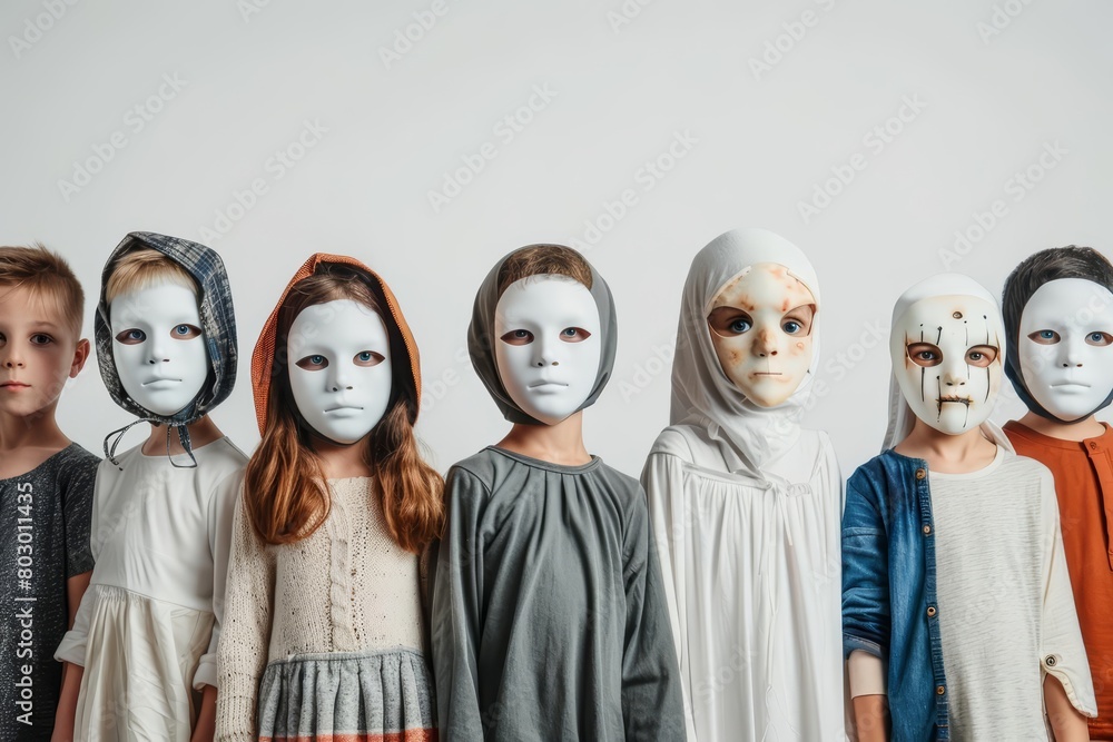 A group of children wearing masks. The masks are made of different materials and have different expressions. The children are standing in a row and looking at the camera. A group of children wearing masks. The masks are made of different materials and have different expressions. The children are standing in a row and looking at the camera.