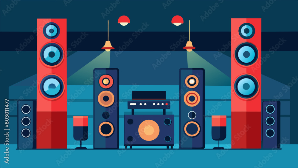 Obraz premium An impressive sound setup with floorstanding speakers inceiling speakers and a subwoofer for an unparalleled surround sound experience. Vector illustration
