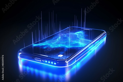 A futuristic technology smartphone with a glowing blue screen sits on a dark surface