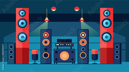 An impressive sound setup with floorstanding speakers inceiling speakers and a subwoofer for an unparalleled surround sound experience. Vector illustration