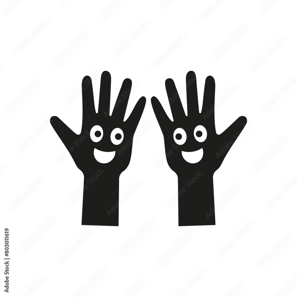 Obraz premium Two palms of hands together with cartoon faces smiling at each other. Vector silhouette. 