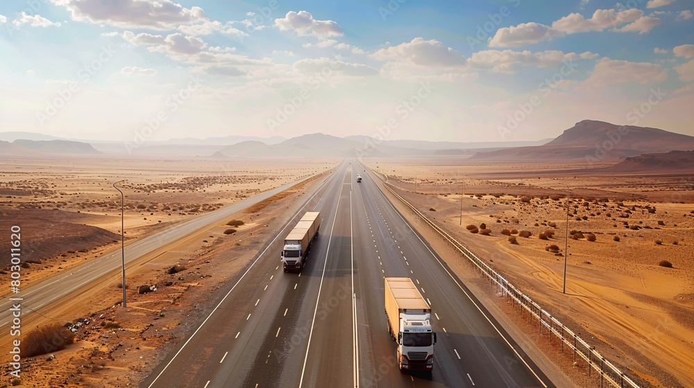 Aerial view of trucks driving on highway in the desert at sunset. Aerial view of trucks driving on highway in the desert at sunset.