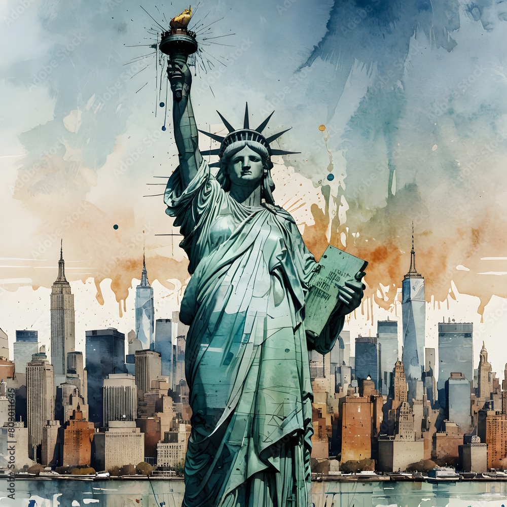 Fototapeta premium statue of liberty city in Water color