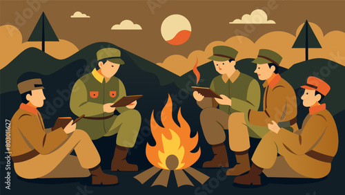 A group of soldiers sitting around a campfire smoking pipes and sharing stories of their experiences during the war.. Vector illustration