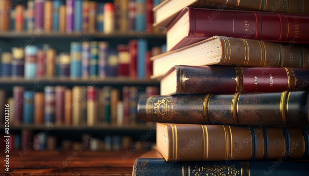 A stack of old books on a wooden table in a library. A stack of old books on a wooden table in a library.
