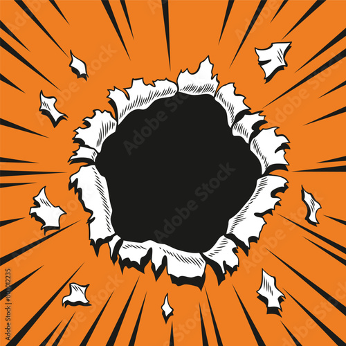 Comic book hole. Vector paper is torn through boom explosion. Circle hole in the middle on color background. Comic style cover template or flyer wallpapers