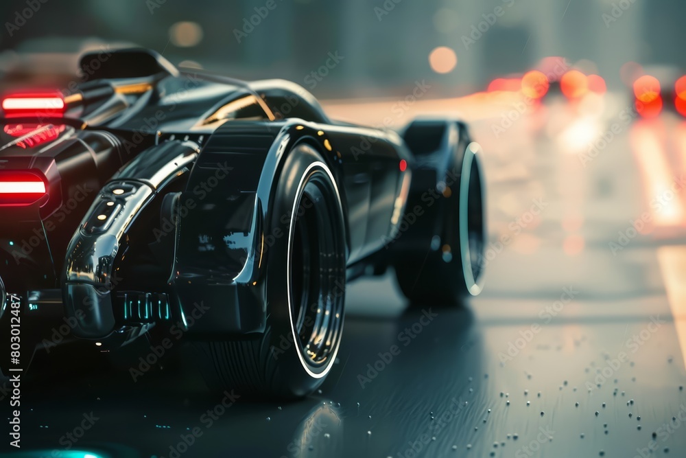 A sleek black sports car drives through a futuristic city A sleek black sports car drives through a futuristic city