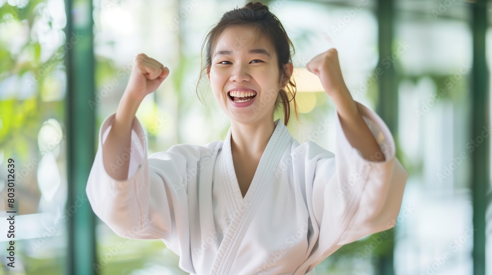 Young Smiling Asian woman karate wiiner celebrates his victory Young Smiling Asian woman karate wiiner celebrates his victory