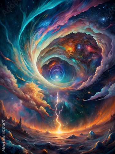 a painting of a spiral galaxy with a ship in the center.