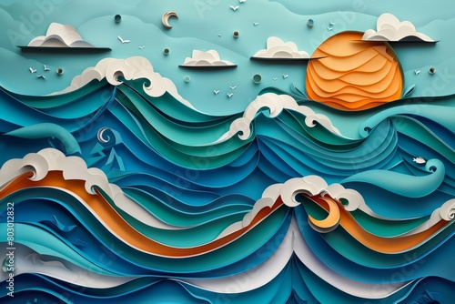 An abstract representation of the ocean, made with paper cutouts