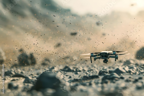 This closeup cyber concept illustrates a miraculous scene where drones plant seeds in a barren landscape photo