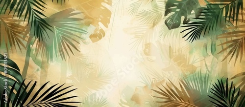 Artistic backdrop with tropical palm leaves in shades of gold and green. Simple abstract design inspired by summer forests. Framed with white paper for text placement.