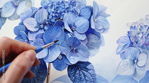 Paint a delicate blue hydrangea blossom with intricate detailsWater color,  hand drawing photo