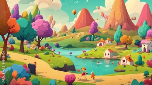A fanciful animated scene with cheerful characters cavorting in a colourful environment photo