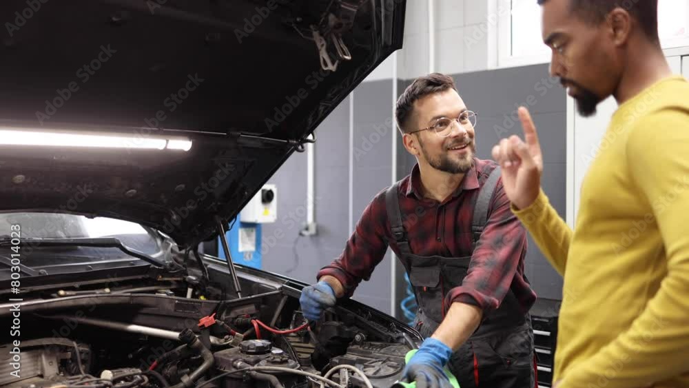 Auto mechanic explaining his work to a customer Auto mechanic explaining his work to a customer