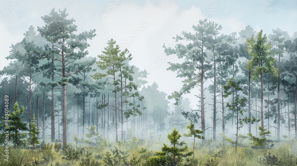 Capture the tranquility of a misty morning in a pine forest, with dewdrops clinging to needlesWater color, hand drawing Capture the tranquility of a misty morning in a pine forest, with dewdrops clinging to needlesWater color, hand drawing