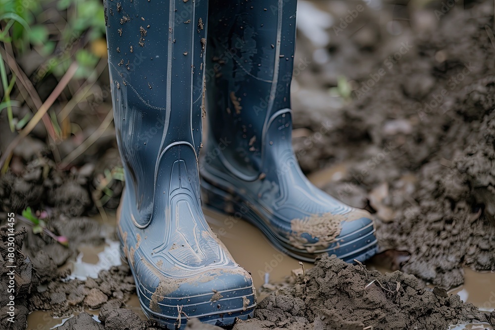 A pair of rain boots in the mud. Rubber boots in soggy soil. Gumboots. Sleet. Rubber shoes. Wellingtons. Swampy earth, ground. Waterproof boots A pair of rain boots in the mud. Rubber boots in soggy soil. Gumboots. Sleet. Rubber shoes. Wellingtons. Swampy earth, ground. Waterproof boots