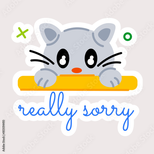 Well-designed flat sticker of sad cat with sorry typography 