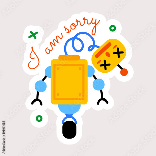 Broken robot with sorry typography, flat sticker 