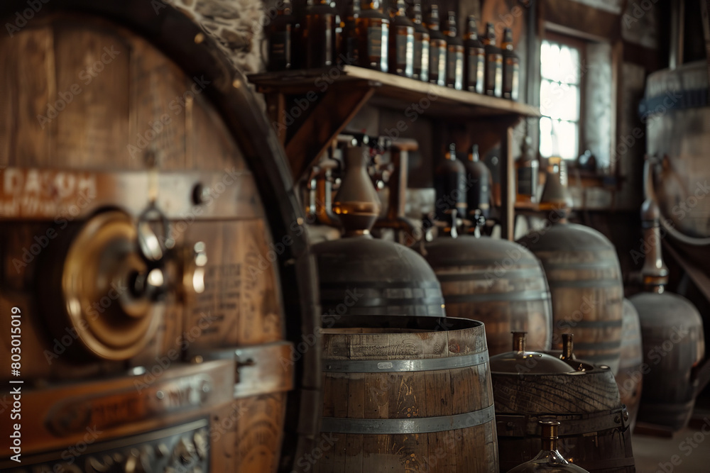 A historical exhibit showcases the global influence of spirits like whiskey and rum - featuring antique distilling equipment and aged barrels A historical exhibit showcases the global influence of spirits like whiskey and rum - featuring antique distilling equipment and aged barrels