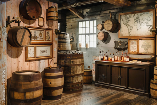 A historical exhibit showcases the global influence of spirits like whiskey and rum - featuring antique distilling equipment and aged barrels photo