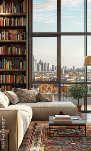 modern apartment open space  with sofa  book table  door to another room  city view from the window