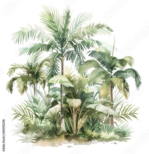 Dense tropical jungle watercolor illustration