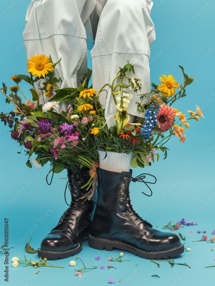 © Vladimir - A bouquet of flowers is inserted into white socks and black boots. Legs of a model on a blue background. Photography in fashion editorial style.