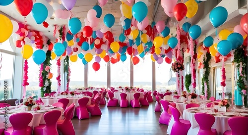 The interior of a restaurant banquet space can be decorated with vibrant helium balloons, large letters for a birthday party or indoor children's event, and guests can be waiting. a festive table, arr