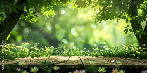 Wood table top on blur abstract green from garden in the morning backgroundFor montage product display or design key visual layout, Beautiful spring background wooden table in a green garden ,  photo