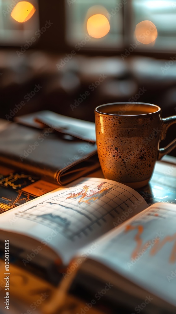 A financefocused image with a coffee mug, stock market charts, and a leather pocketbook on a white table A financefocused image with a coffee mug, stock market charts, and a leather pocketbook on a white table