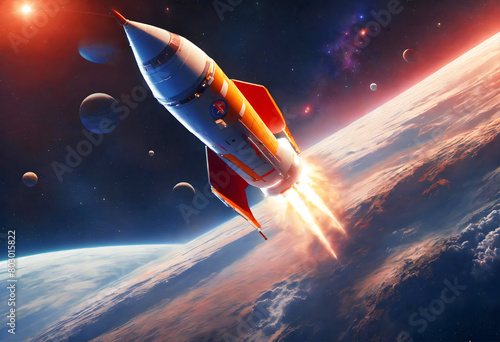 Orange space rocket launch from Earth travelling to Mars planet, cosmic magical galaxy